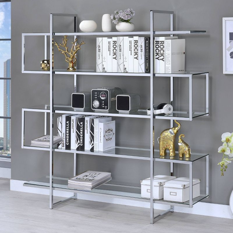 63&#34; Contemporary 5 Shelf Zig Zag Bookcase with Glass Shelves Chrome - Coaster, 3 of 10