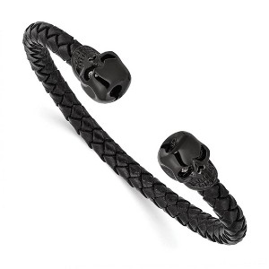 Black Bow Jewelry Black Plated Stainless Steel Black Leather Crystal Skull Cuff Bracelet - 1 of 4