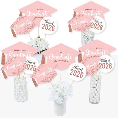 Big Dot of Happiness Rose Gold Grad - 2026 Graduation Party Centerpiece Sticks - Table Toppers - Set of 15