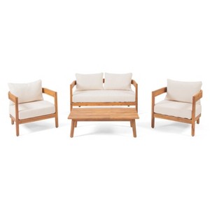 Christopher Knight Home Brooklyn Outdoor 4pcs Acacia Wood Chat Set with Cushions - 1 of 4