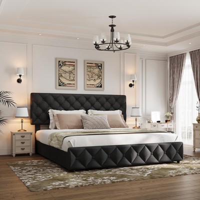Linen Upholstered Platform Bed Frame with Headboard and 4 Spacious Storage Drawers, Diamond Button Tufted Design, No Box Spring Needed, Easy Assembly