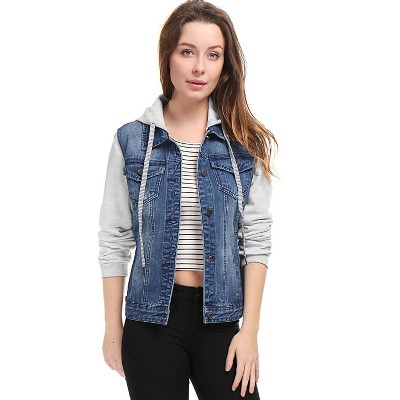 Женские куртки INSPIRE CHIC Women's Regular Fit Layered Drawstring Hood Denim Jacket with Pockets Medium Dark Blue — фото 3