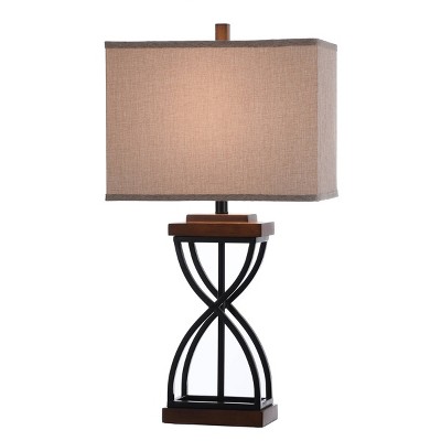 31" Black and Medium Wood Table Lamp with Beige Shade