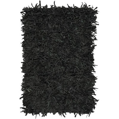 Luxurious Black Leather Hand-Knotted Shag Rug, 3&#039; x 5&#039;