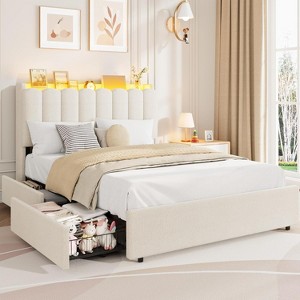 TackView Bed Frame with Storage Headboard,Boucle Upholstered Platform Bed with 2 Drawers, Chic Wavy Headboard with Bookcase, No Box Spring Needed - 1 of 4