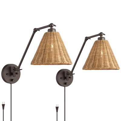 Barnes and Ivy Set of 2 Rowlett Bronze Rattan Shade Plug-In Wall Lamps