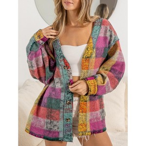 Women's Single Breasted Colorful Plaid Shirt Jacket Casual Long Sleeve Button Down Overshirt Lightweight Top - 1 of 4