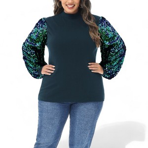 Anna-Kaci Women's Plus Size Sequin Sweatshirt Mock Neck Pullover Long Lantern Sleeve Glitter Party Tops - 1 of 4