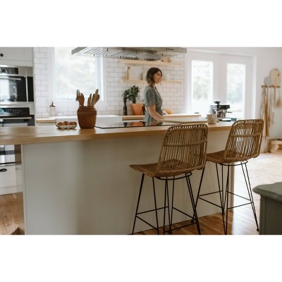 Handmade Rattan and Black Metal Counter Stools, Set of 2