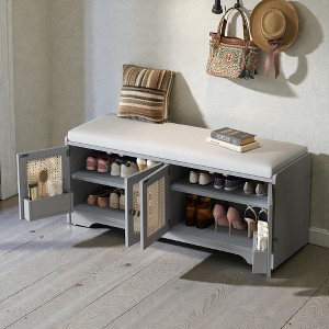Mshliw Rustic Storage Bench with Removable Cushion, Wooden Entryway Shoe Bench with Woven Rattan Doors & Adjustable Shelves for Hallway - 1 of 4