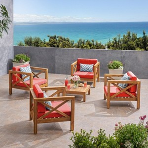 Christopher Knight Home Brava Outdoor Acacia Wood 4 Seater Club Chair Chat Set with Cushions - 1 of 4