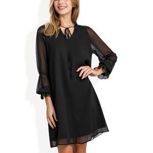 Anna-Kaci Women's A-Line Chiffon Dress with Sheer Sleeves and Tie Neck Detail - 1 of 4