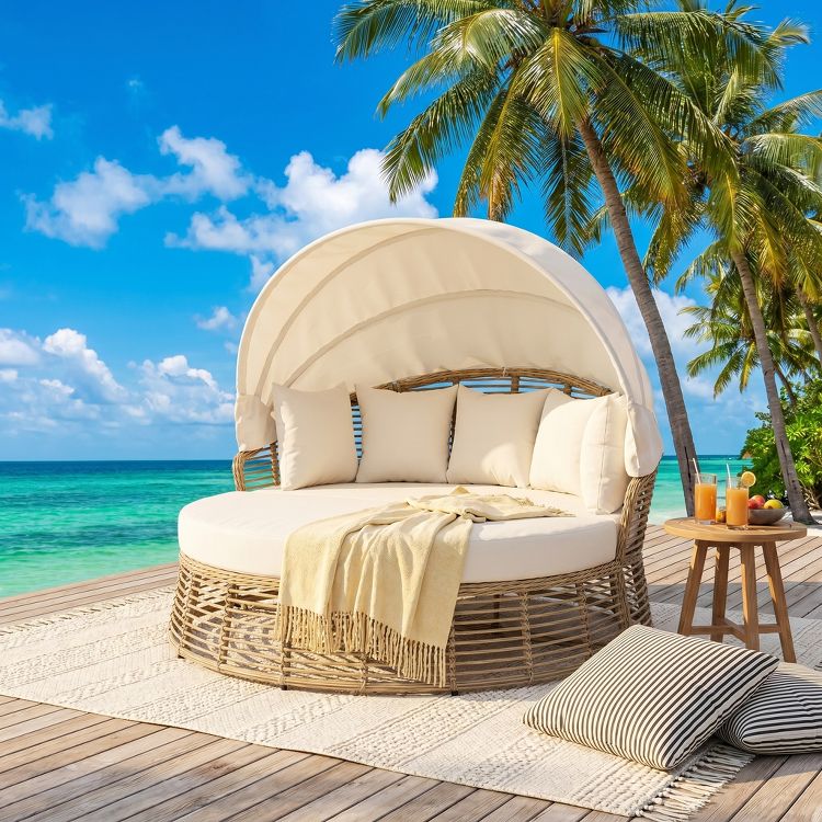 Whisen Resort Style Outdoor Pool Daybed Patio Rattan Round Daybed ...