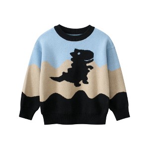 MyKids-USA Baby Boy Kids Dinosaur Pattern Crew Neck Long Sleeves Color Patchwork Knitwear Pullover - 1 of 3