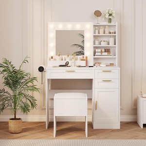 Acekool White Vanity Desk with LED Lighted Mirror, Power Outlet, 3 Drawers, USB Ports, Storage Cabinet & Stool for Bedroom or Dorm - 1 of 4