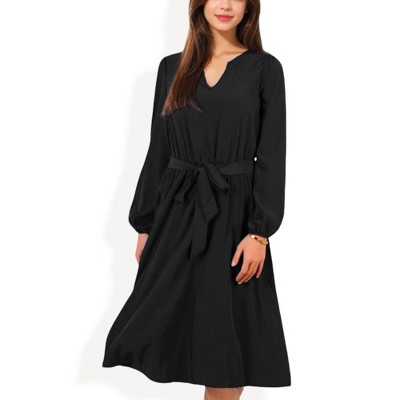 Anna-Kaci Women's Long Sleeve V-Neck Midi Dress with Waist Tie and Gathered Details for Casual Looks