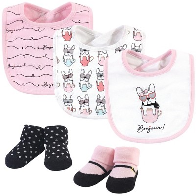 Image of Hudson Baby Infant Girl Cotton Bib and Sock Set 5pk, Pink Bonjour, One Size