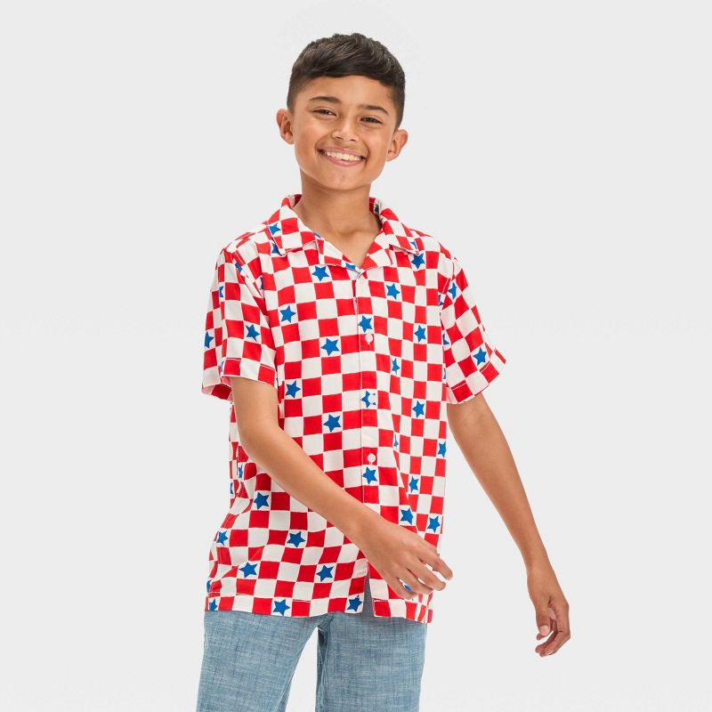 Boys' Short Sleeve Americana Checkerboard Button-Down Shirt - Cat & Jack™ Red, 1 of 7
