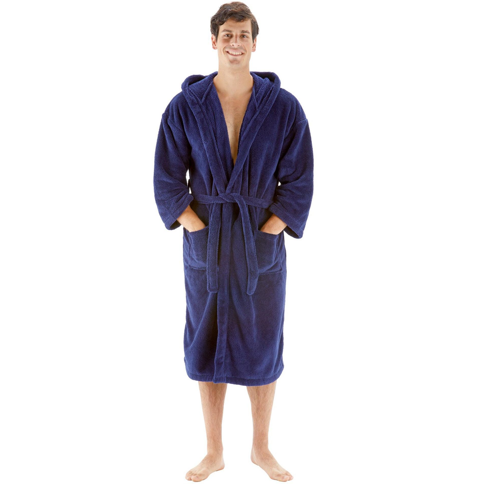 BC BARE COTTON Mens Hooded Robe Microfiber Plush Fleece Bathrobe - Navy Blue - Large