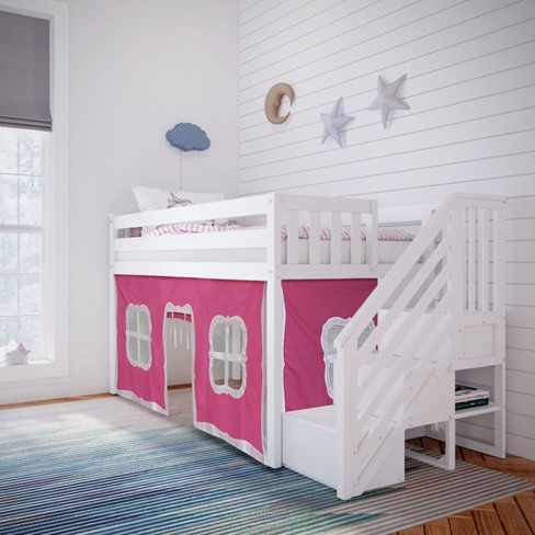 Max Lily Twin Low Loft With Stairs And Curtains White pink white Target