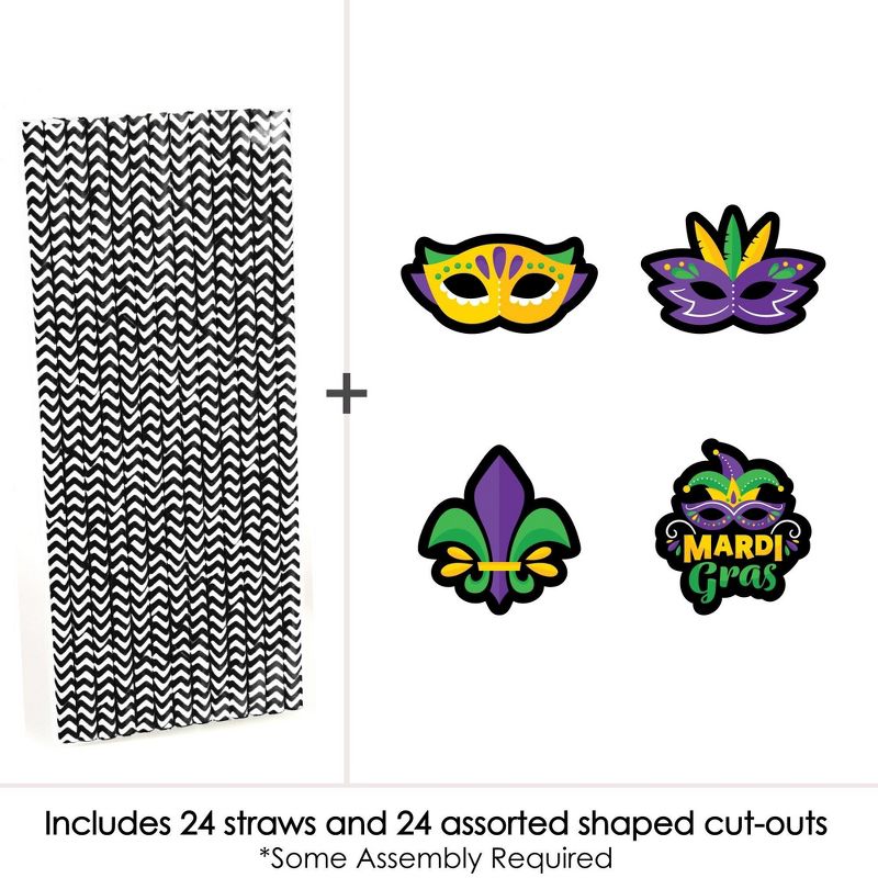 Big Dot of Happiness Colorful Mardi Gras Mask - Paper Straw Decor - Masquerade Party Striped Decorative Straws - Set of 24, 3 of 9