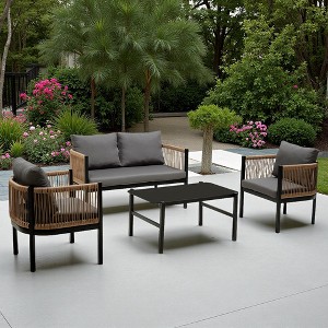 4-Piece Outdoor Patio Iron Conversation Sofa Set with Tempered Glass Coffee Table - 1 of 4