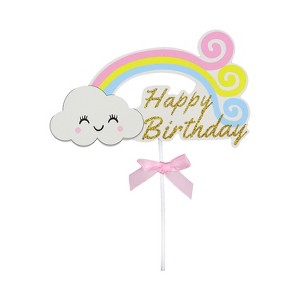 O'Creme Rainbow Happy Birthday with Separate Ribbon Bow and Plastic Stick (Glitter Gold w/Top "Happy") - 1 of 1