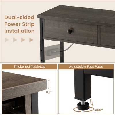 Grey Oak and Black Metal Console Table with Storage and Charging Station