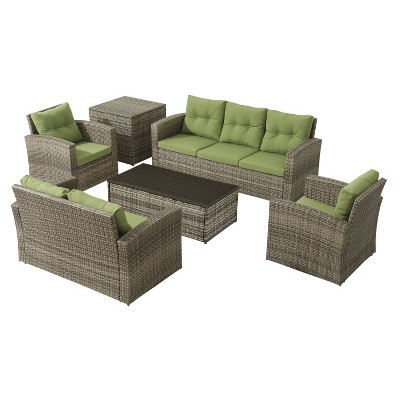 6pc Wicker Rattan Patio Sofa Set with Green Cushions - Accent Furniture