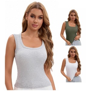 INSPIRE CHIC Women's 3 Packs U-Neck Tank with Built-In Bras Ribbed Wide Straps Undershirt - 1 of 4