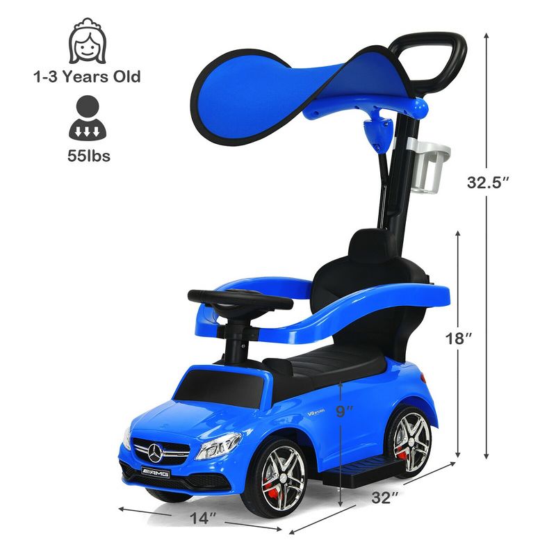Costway 3 in 1 Ride on Push Car Mercedes Benz Toddler Stroller Sliding Car White\Blue\Red, 3 of 11