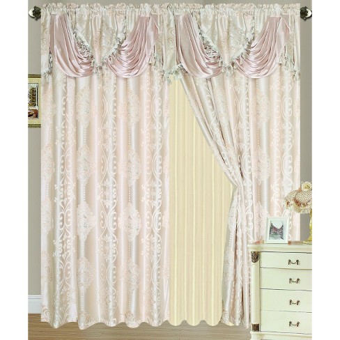Rosetta Jacquard 54 x 84 in Bu... Double Curtain Panel w/ Attached 18" Valance 