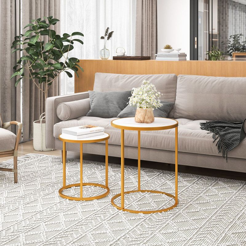 Tangkula 2PCS Marble Top Round Side Table w/ Golden Metal Frame Anti-slip Foot Pads, 3 of 9