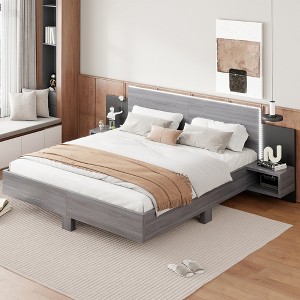 Queen/King Size Floating Platform Bed with LED Lights and Nightstands, Natural/White/Gray-ModernLuxe - 1 of 4