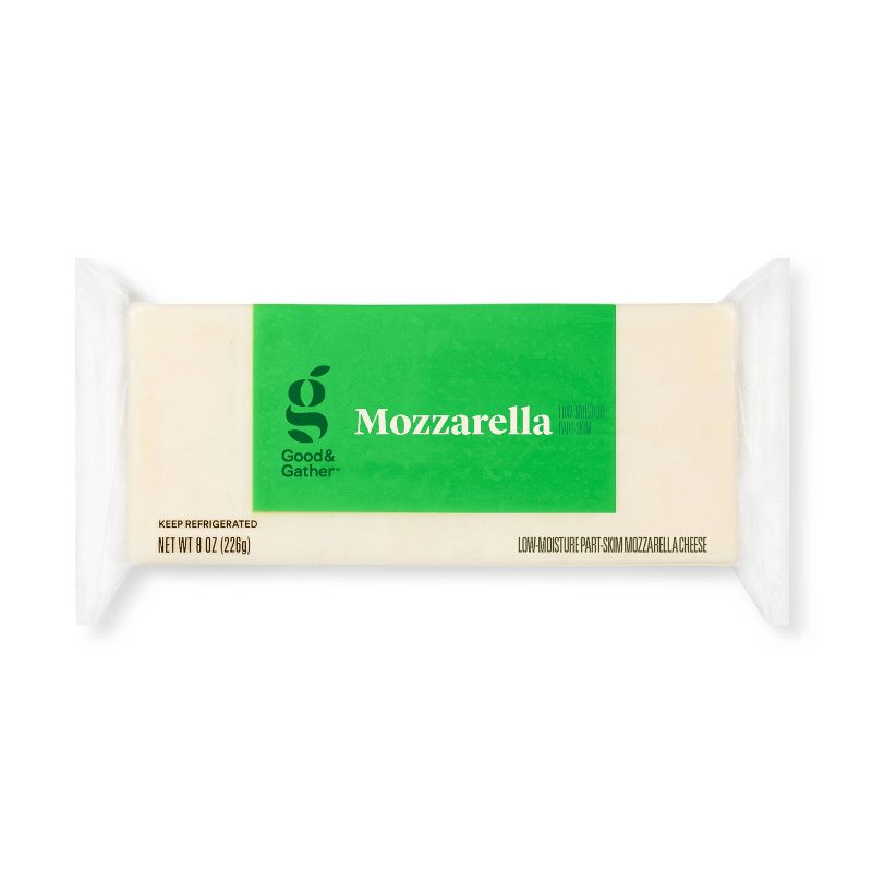 A block of mozzarella cheese with a green label showing "Good & Gather" and "Net Wt 8 oz (226g)."