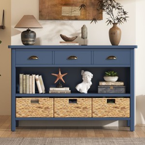 Wood Console Table with 3 Drawers and Water Hyacinth Baskets, Rustic Entryway Table or Sofa Table with Storage for Hallway-The Pop Home - 1 of 4