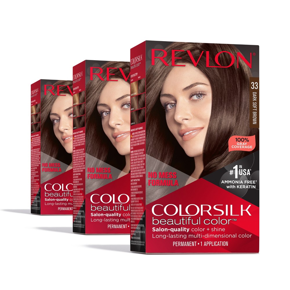 Photos - Hair Dye Revlon ColorSilk Beautiful Color 100 Gray Coverage Ammonia-Free Permanent Hair Color - 033 Dark Soft Brown - 13.2 fl oz/3ct 