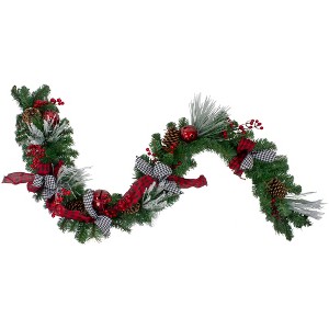 Northlight Double Plaid with Berries and Jingle Bells Artificial Christmas Garland - 6' x 12" Unlit - 1 of 3
