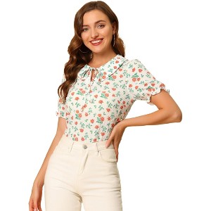 INSPIRE CHIC Women's Puff Short Sleeve Peter Pan Collar Keyhole Collar Blouse - 1 of 4