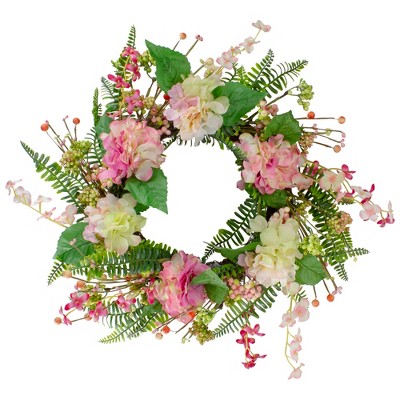 Northlight Hydrangea, Berry and Fern Artificial Spring Floral Wreath, Pink - 20-Inch