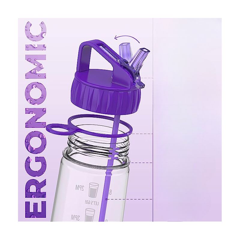 HYDRATE 900ml Water Bottle with Straw and Motivational Time Markings, Purple, 2 of 4