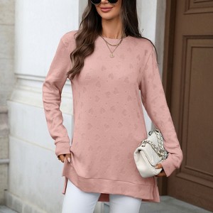 Ladies' Solid Crew Neck Relaxed Fit Long - Sleeve T - Shirt with Side Slits - 1 of 4