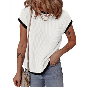 Womens  T Shirts Round Neck Cap Sleeve Tiny Striped Tops Color Block Tee Shirt Tops with Pocket Lounge Tops for Summer - 1 of 4