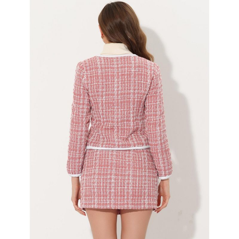 Allegra K Women's Outfits Plaid Tweed Short Blazer and Skirt Suit Set 2 Pieces, 3 of 5