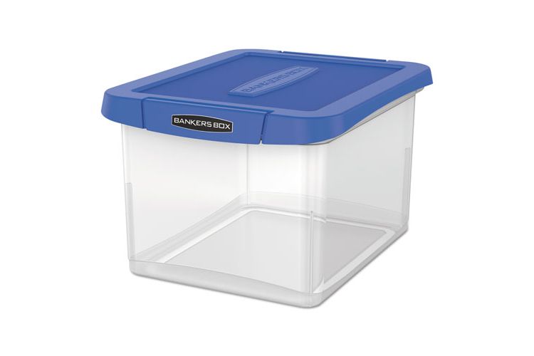 Bankers Box Heavy Duty Plastic File Storage, Letter/Legal Files, 14" x 17.38" x 10.5", Clear/Blue, 1 of 7