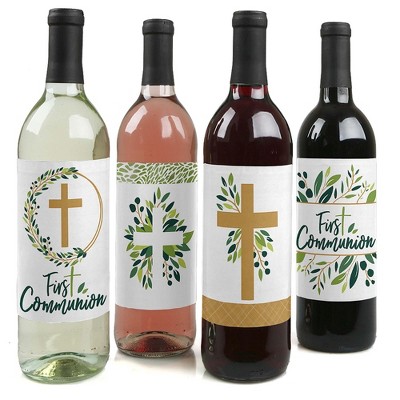 Big Dot of Happiness First Communion Elegant Cross - Religious Party Decorations for Women and Men - Wine Bottle Label Stickers - Set of 4