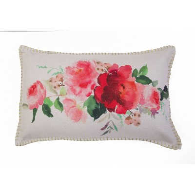 Rena Watercolor Floral Printed Pillow with Gold Metallic Whipstitch Pink - Decor Therapy