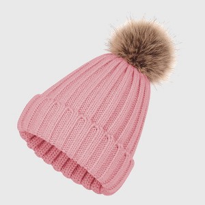 Anna-Kaci Women's Cable Knit Beanie with Faux Fur Pom-Pom - Warm Stretchy Winter Hat for Casual Daily Wear - 1 of 4