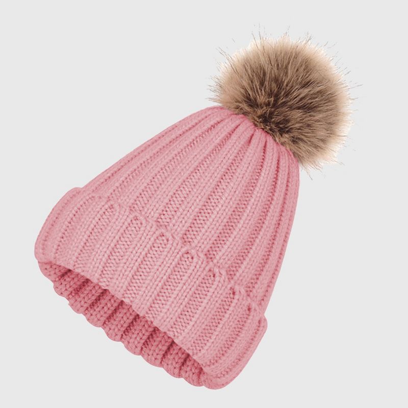 Anna-Kaci Women's Cable Knit Beanie with Faux Fur Pom-Pom - Warm Stretchy Winter Hat for Casual Daily Wear - Pink