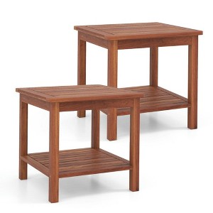 Resenkos Garden Coffee Tables,Outdoor Furniture Tables,Set of 2 Double-Tier Acacia Wood Patio Side Table with Slatted Tabletop and Shelf Brown - 1 of 4